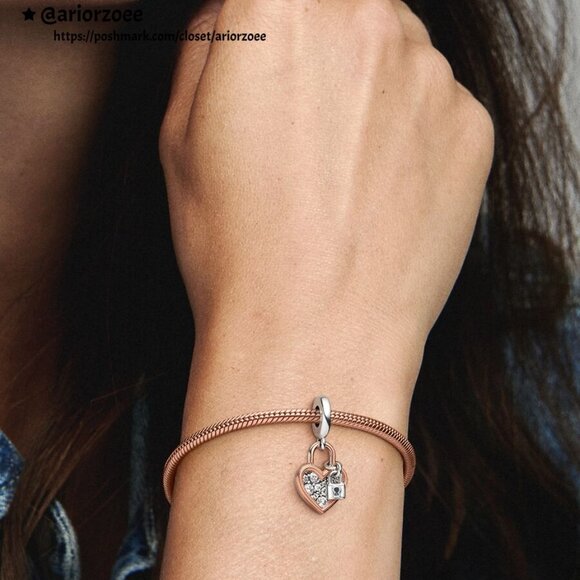 Pandora Heart Padlock Double Dangle Charm|Pendant|Two-tone - Picture 2 of 2